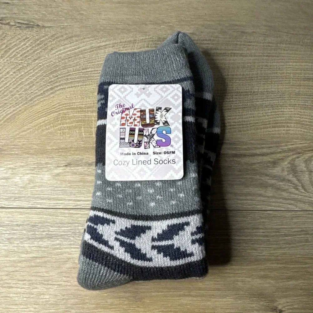 MUK LUKS Cozy Lined Socks‎ Gray Fair Isle One Size Fits Most Lounge Comfy